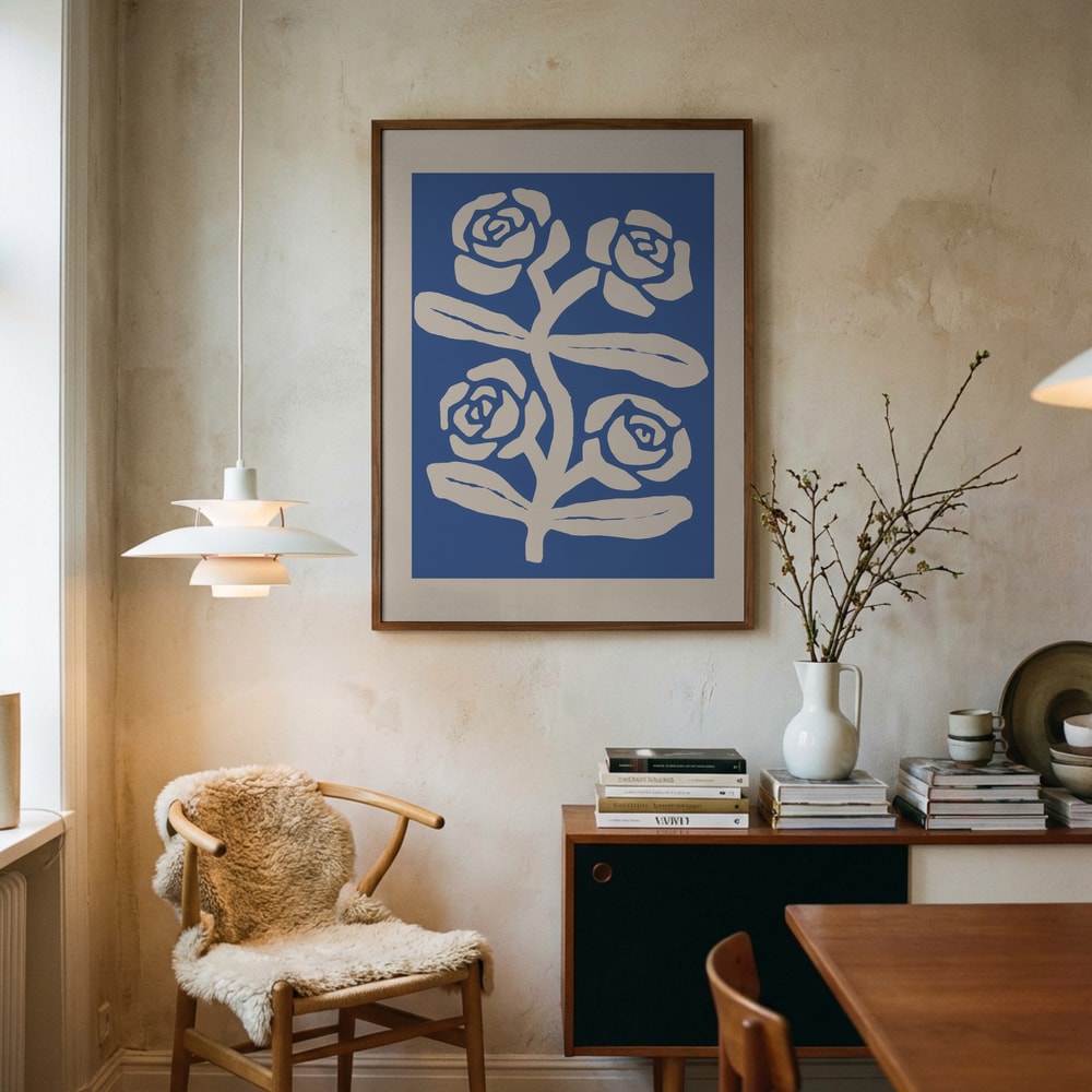 Abstraktes Poster mit blauen Rosen