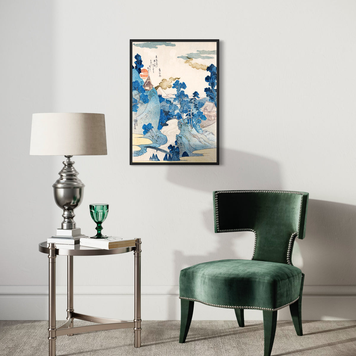 A high-quality poster featuring a traditional Japanese woodblock print with blue and white colors, depicting a landscape with mountains, trees, and a building.