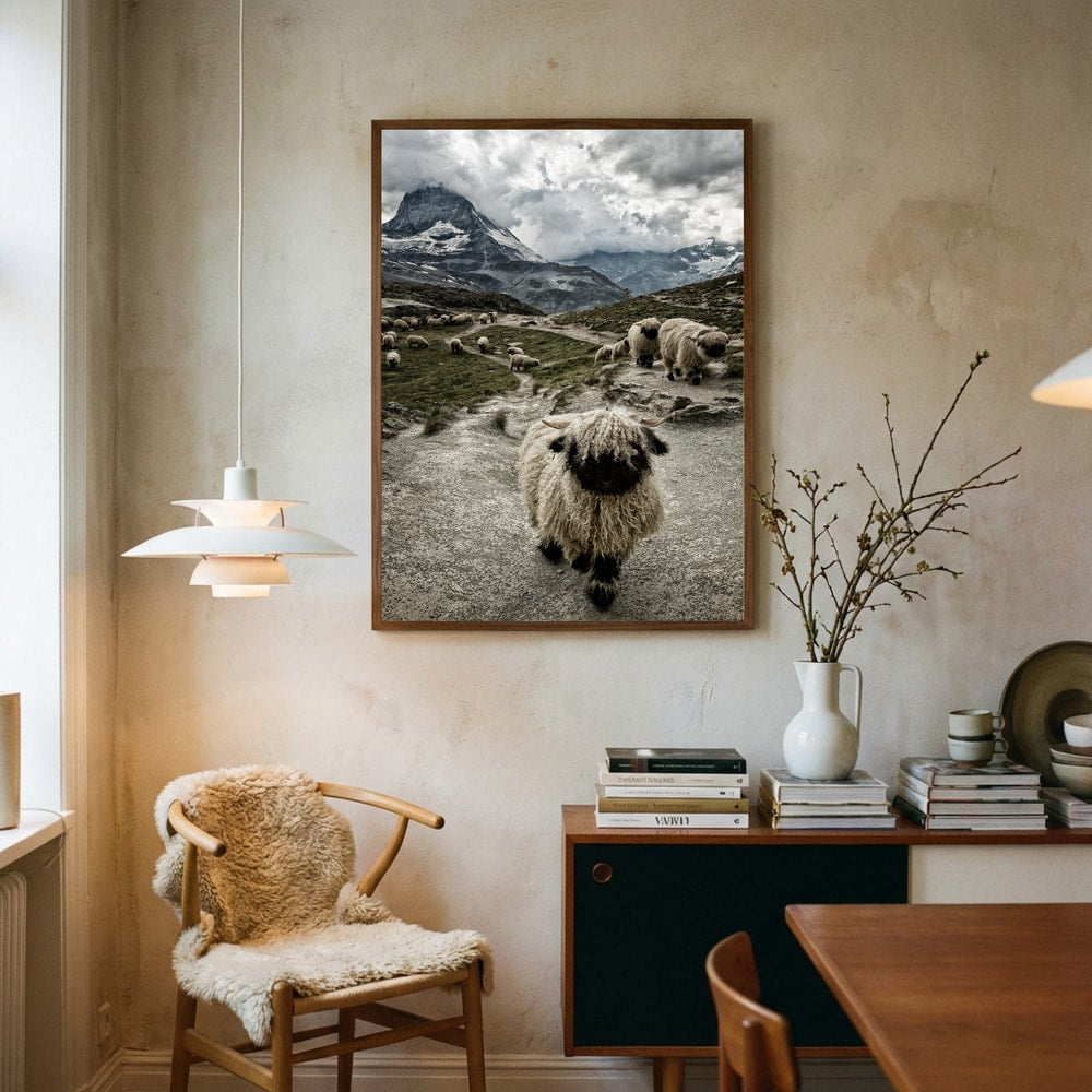 Poster mit einem Walliser Schwarznasenschaf und dem Matterhorn
