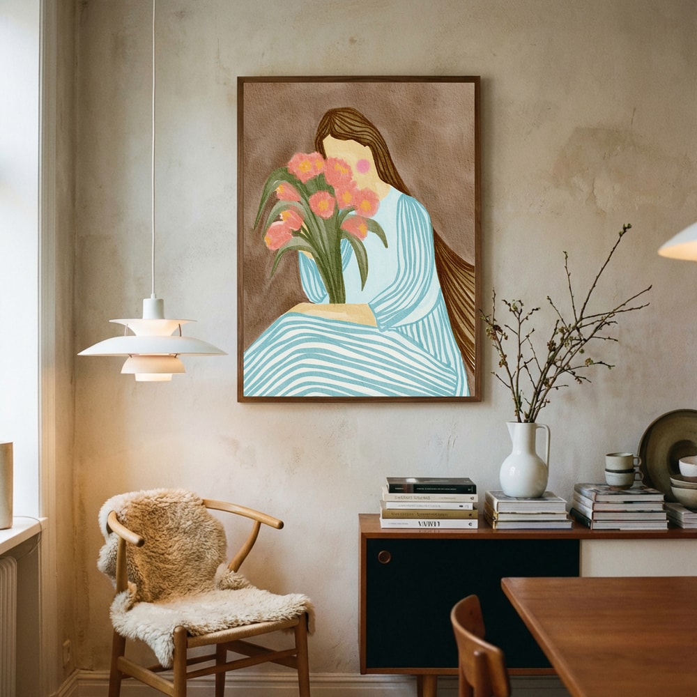 Poster mit einer schüchternen Frau und rosafarbenen Tulpen