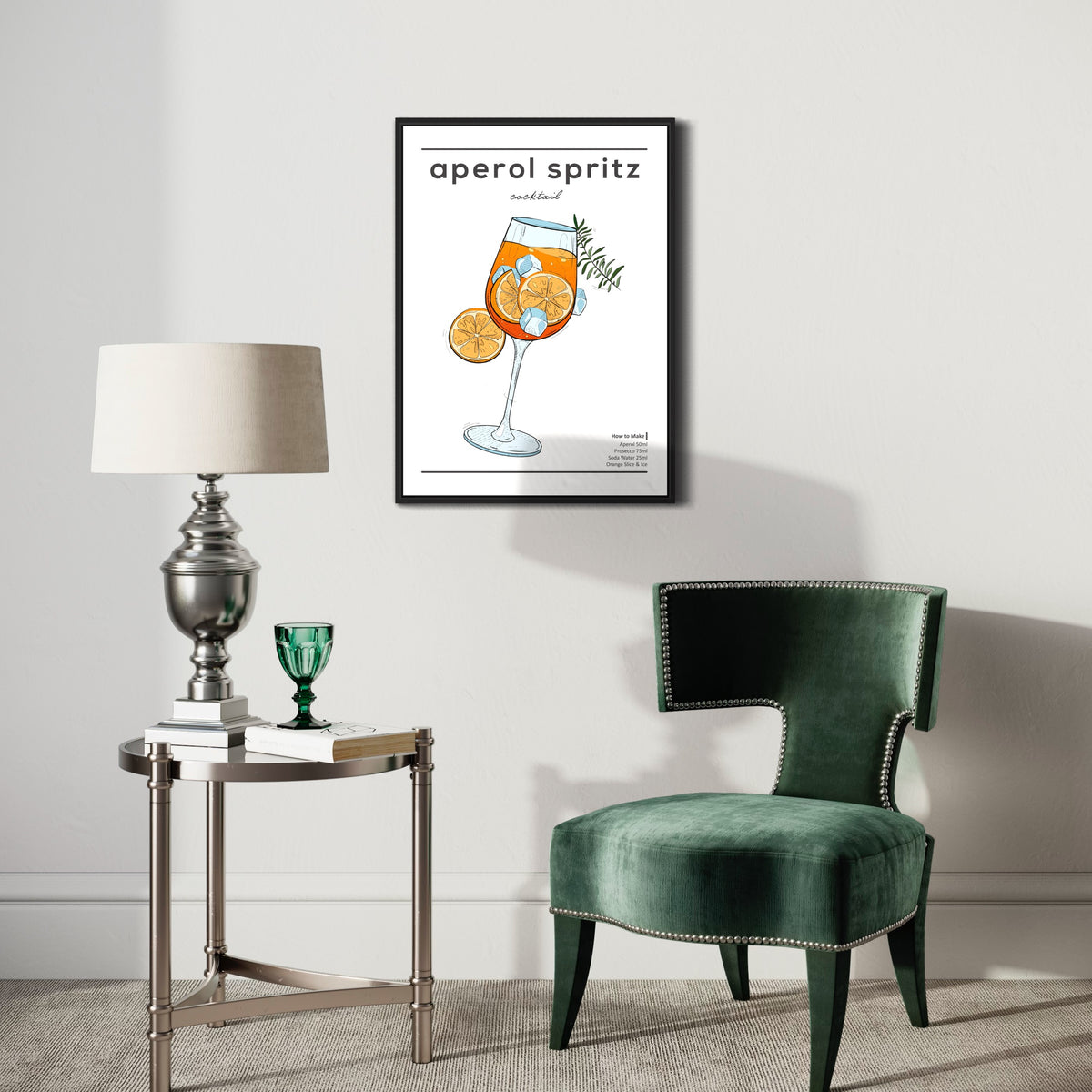 Modern living room with green velvet chair, side table, lamp, and Aperol Spritz cocktail art poster
