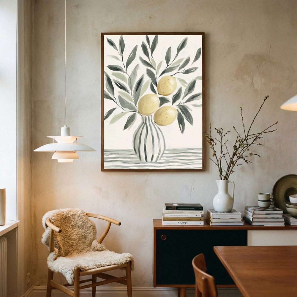 Poster mit frischen Zitronen in gestreifter Vase