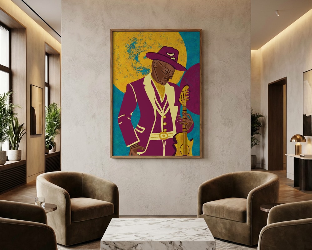 Gitarrist im lila Anzug als Poster