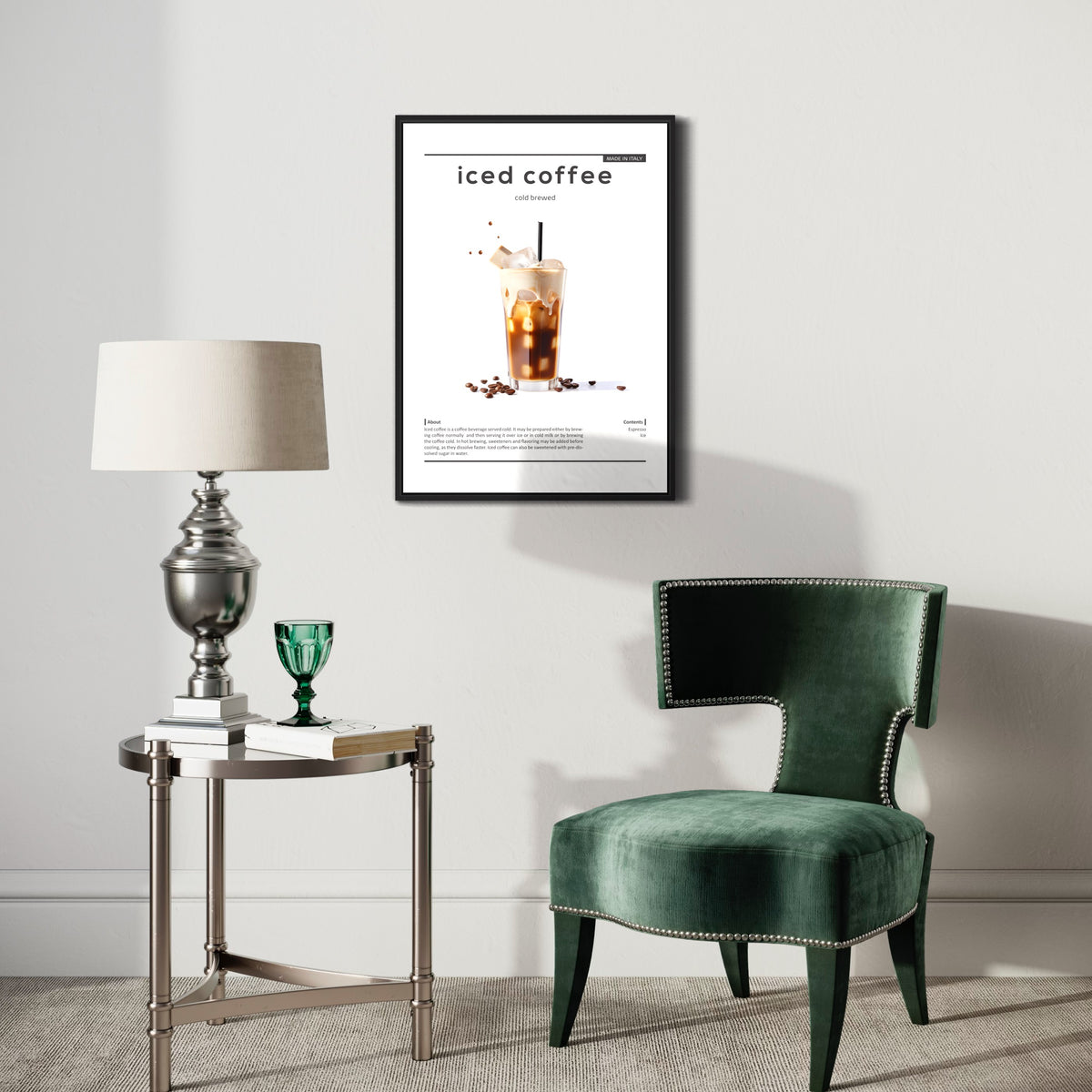 Modern living room with green velvet chair, metal side table, and iced coffee poster wall art