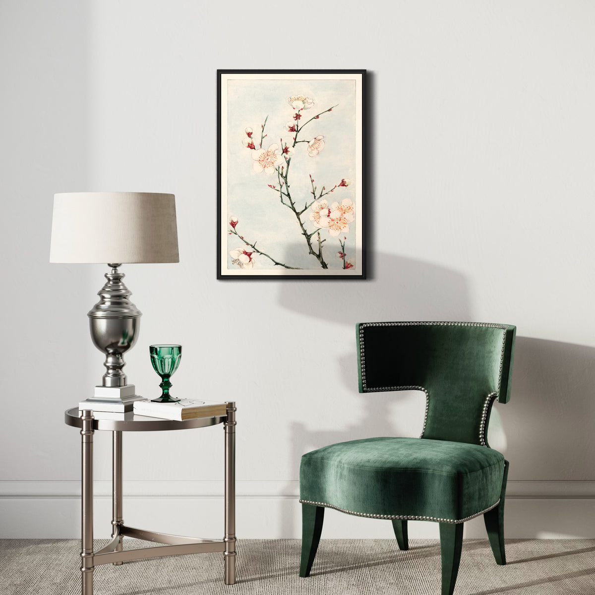 Elegant floral wall art in a modern living room with green velvet chair and silver lamp