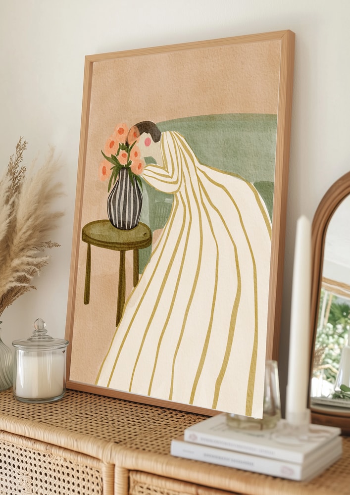 Woman Admiring Flowers Poster
