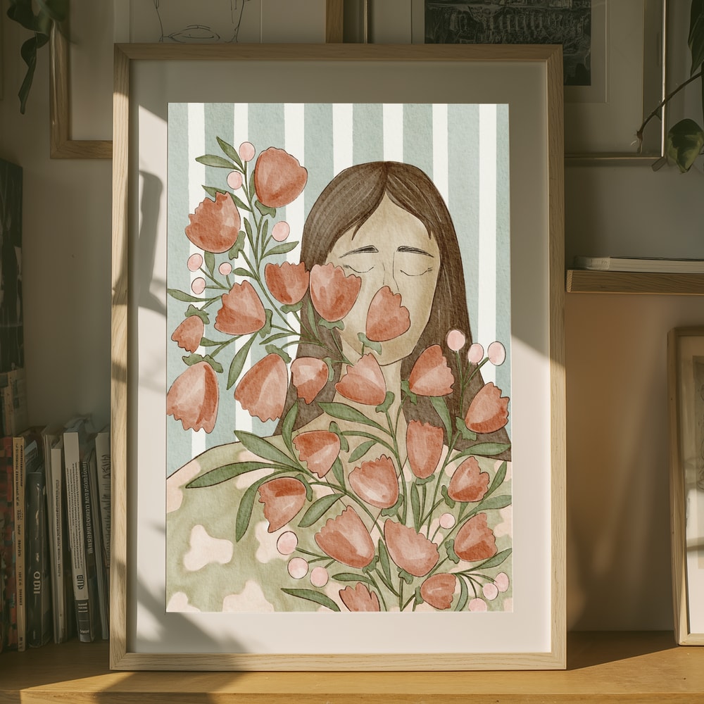 Poster mit einer gelassenen Frau und Blumen