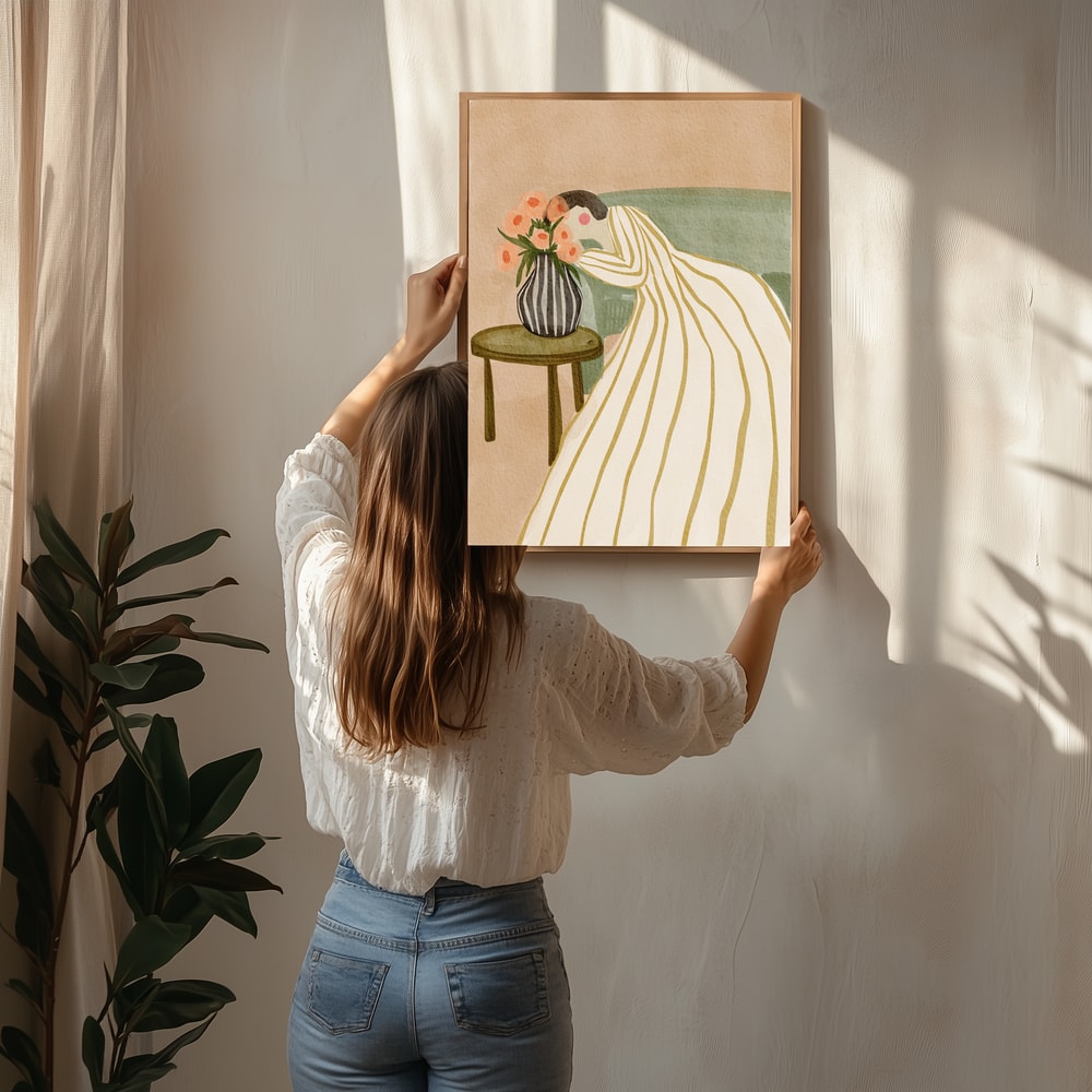 Woman Admiring Flowers Poster