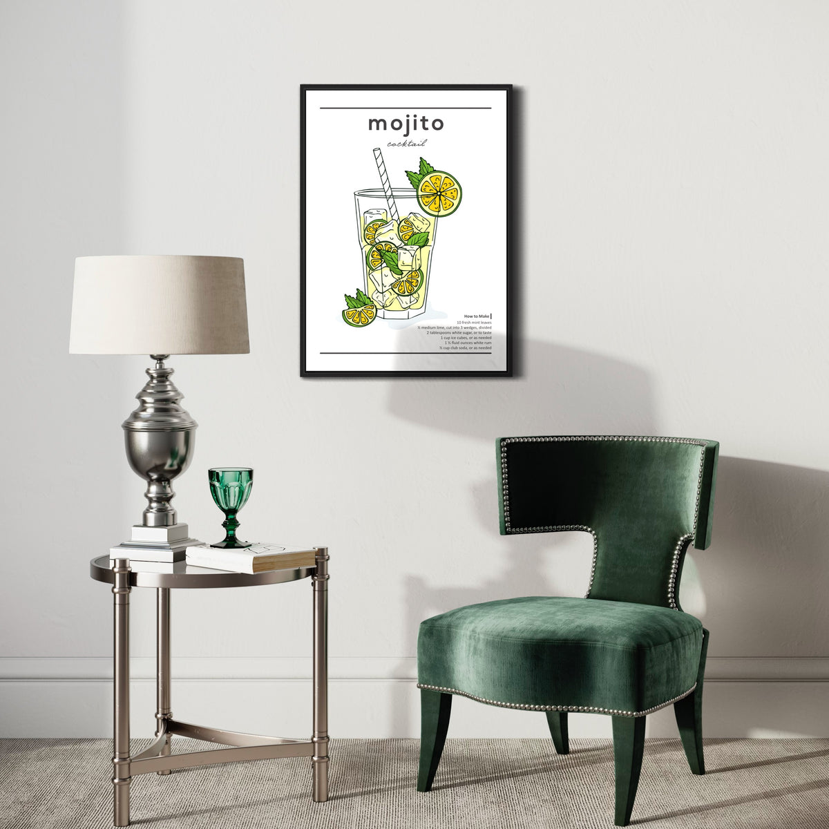 Modern living room with green velvet chair, round side table, and mojito cocktail art print on wall