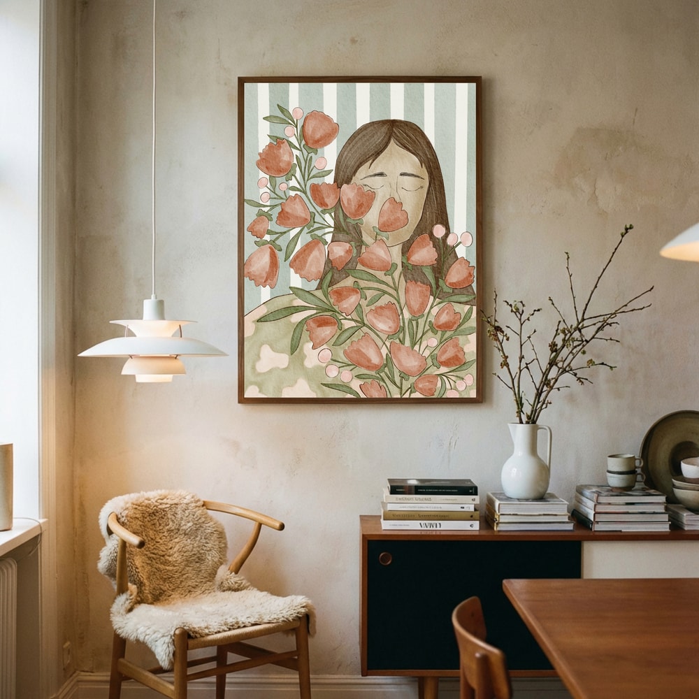 Poster mit einer gelassenen Frau und Blumen