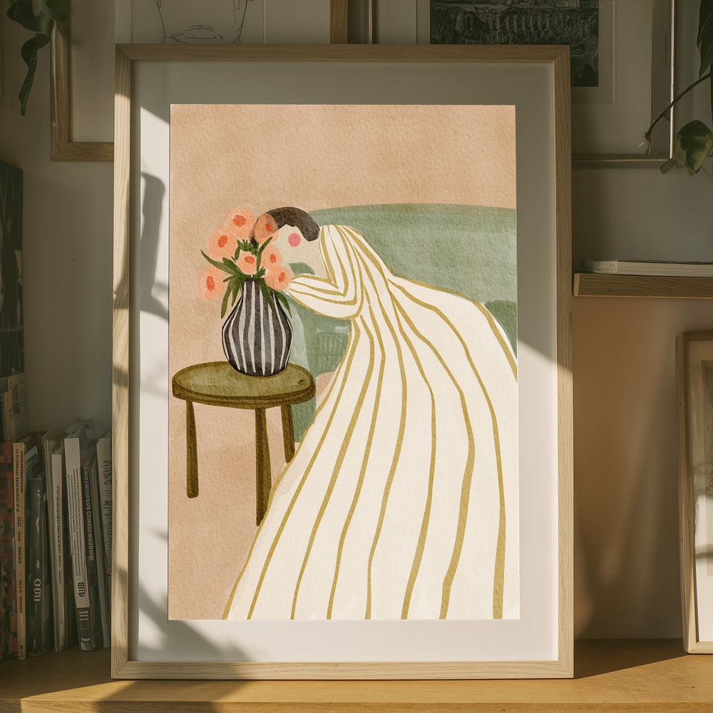 Woman Admiring Flowers Poster