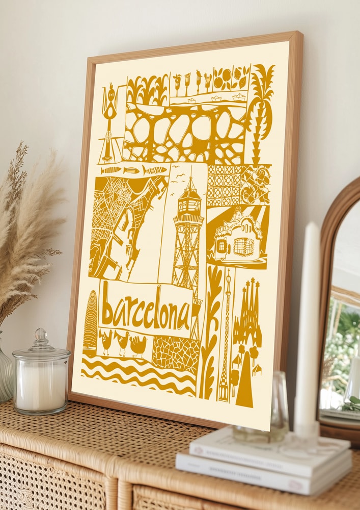 Poster mit illustrierten Sehenswürdigkeiten Barcelonas
