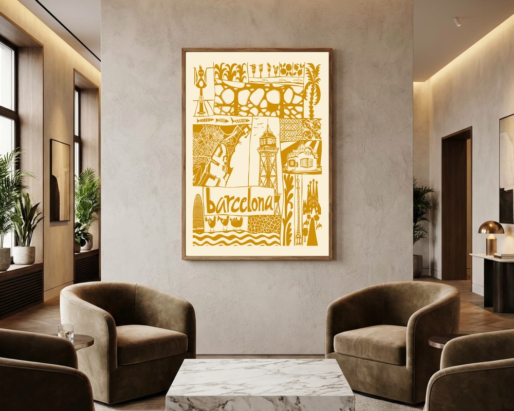 Poster mit illustrierten Sehenswürdigkeiten Barcelonas