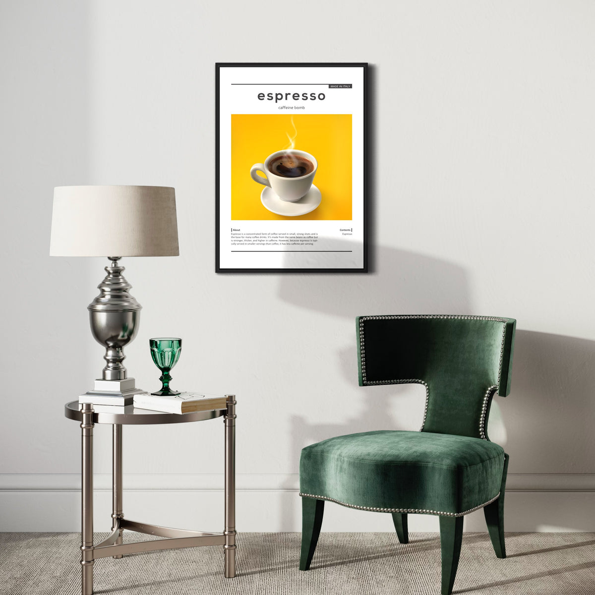 Modern living room with espresso coffee art poster, green velvet chair, and side table with lamp.