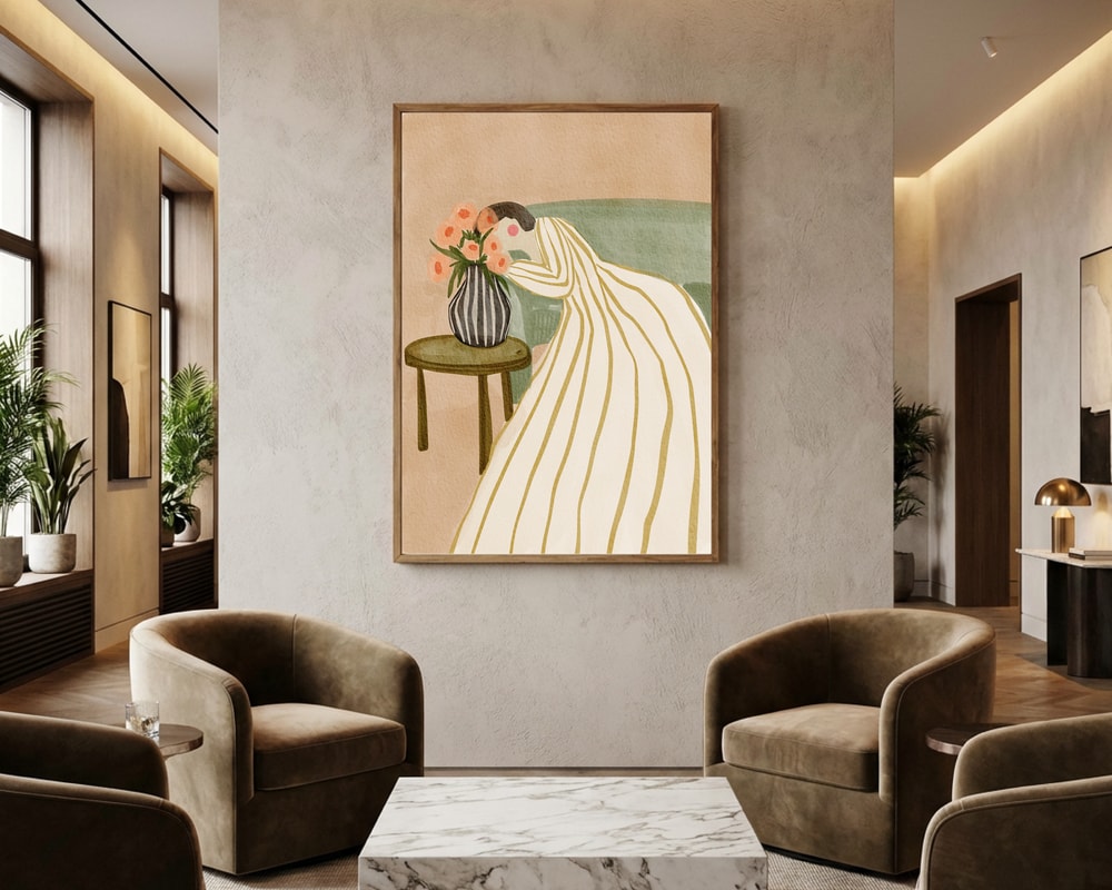 Woman Admiring Flowers Poster