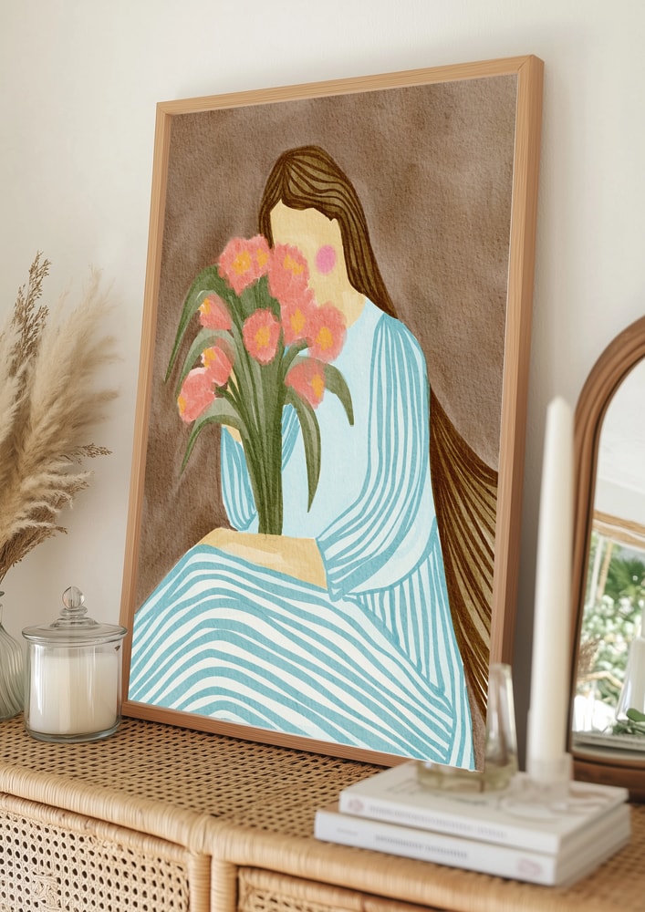 Shy Woman Pink Tulips Poster