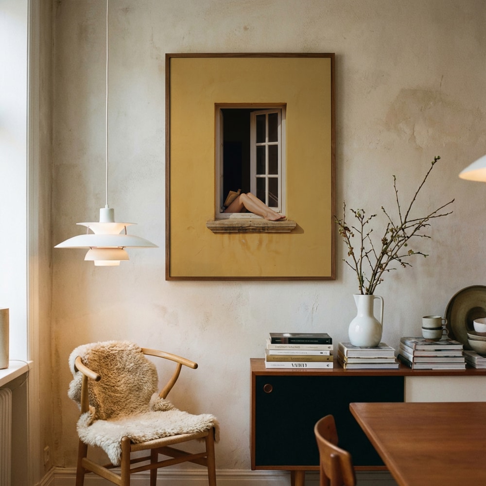 Poster mit entspannten Beinen am Fenster
