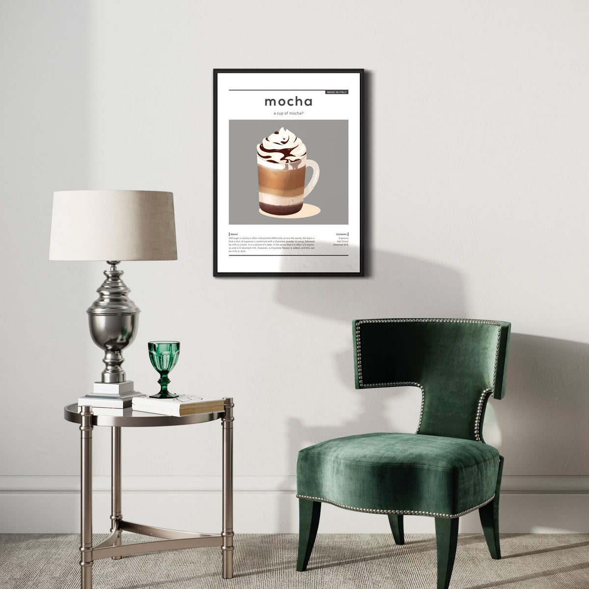 Modern living room with mocha coffee poster, velvet green chair, and metallic side table with lamp