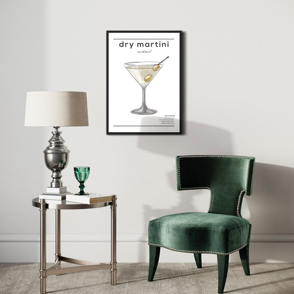 Dry martini cocktail poster on wall above lamp, green chair, and small table in modern living room