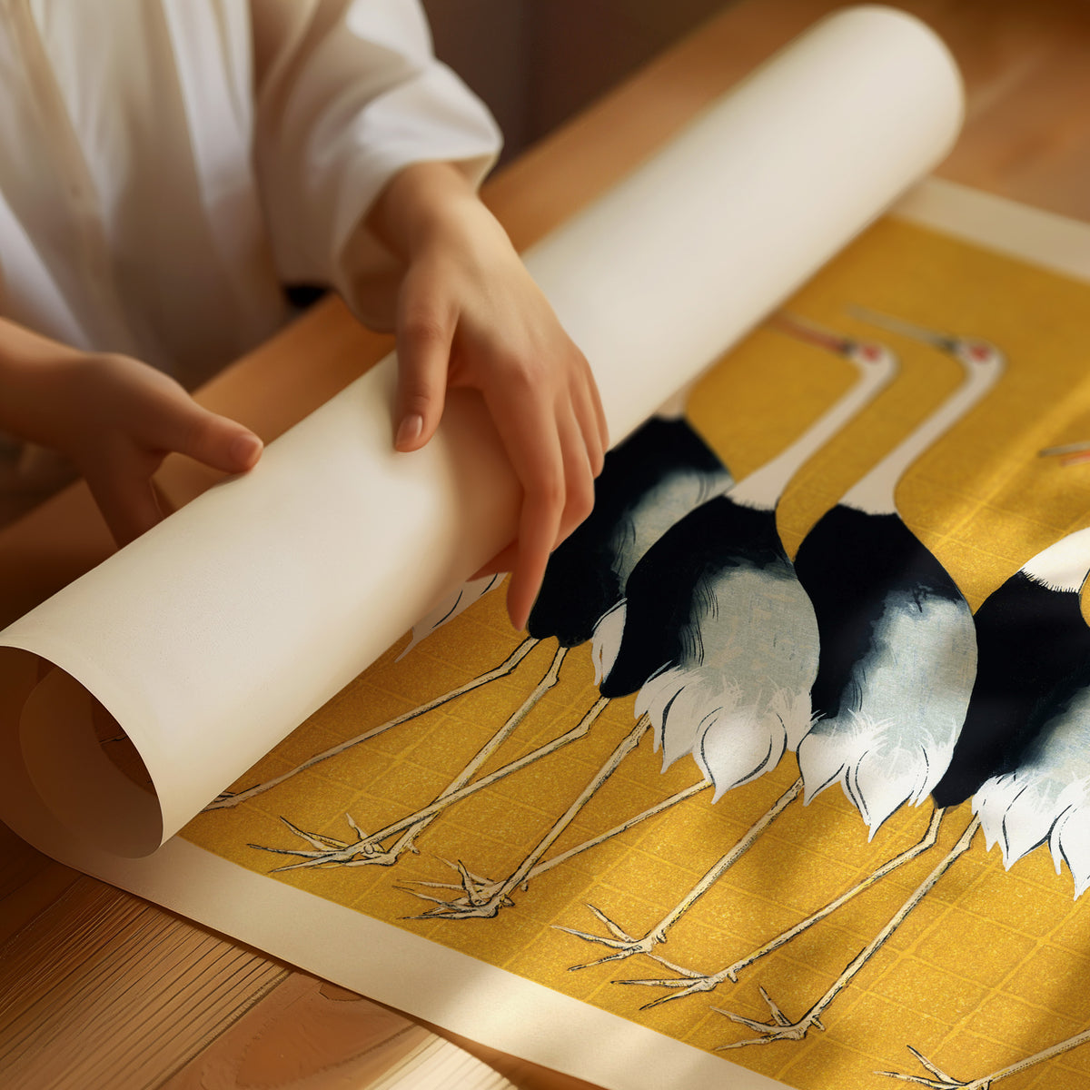 Person unrolling a scroll with a crane painting on a yellow background