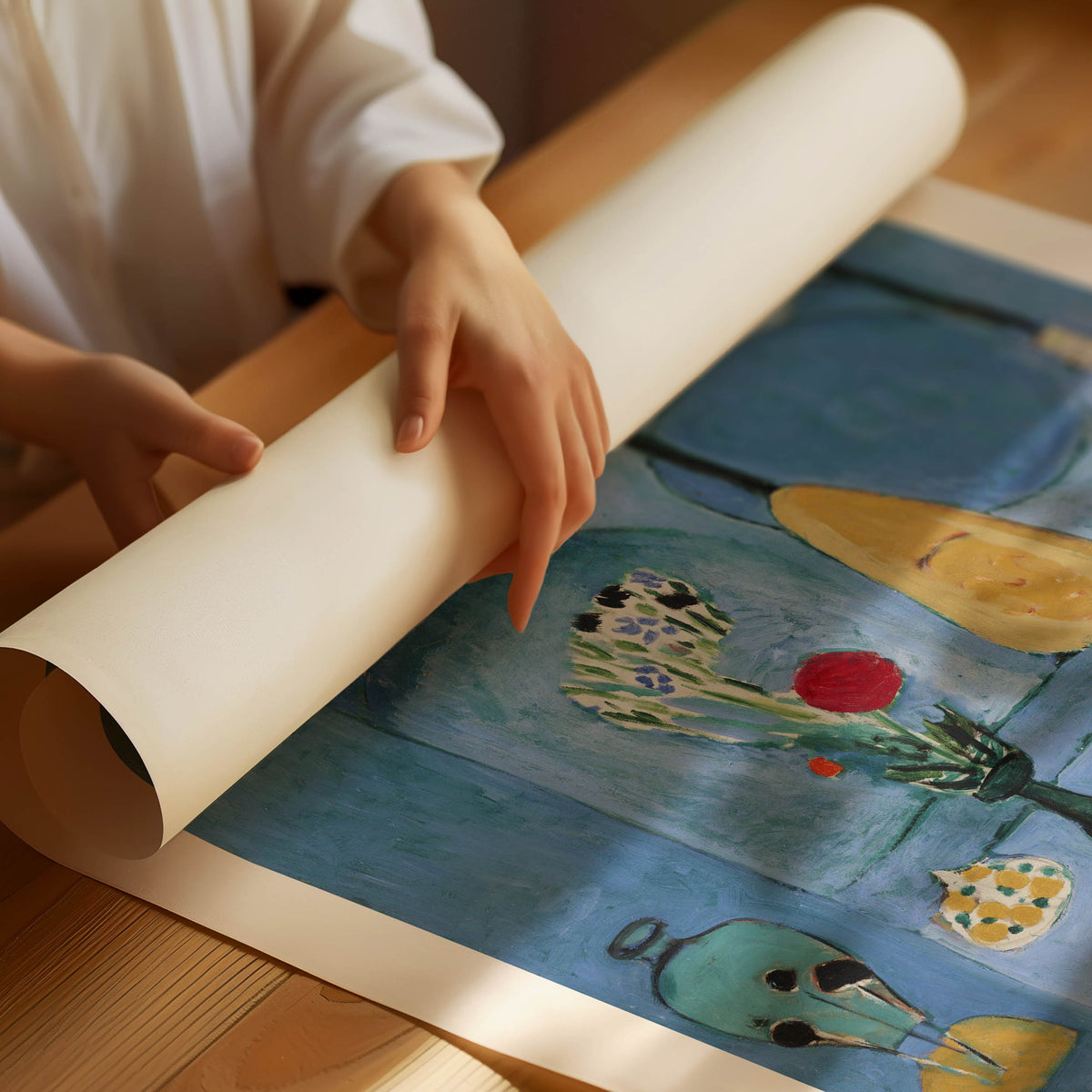 Interior scene with blue tones and simple forms in Matisse style