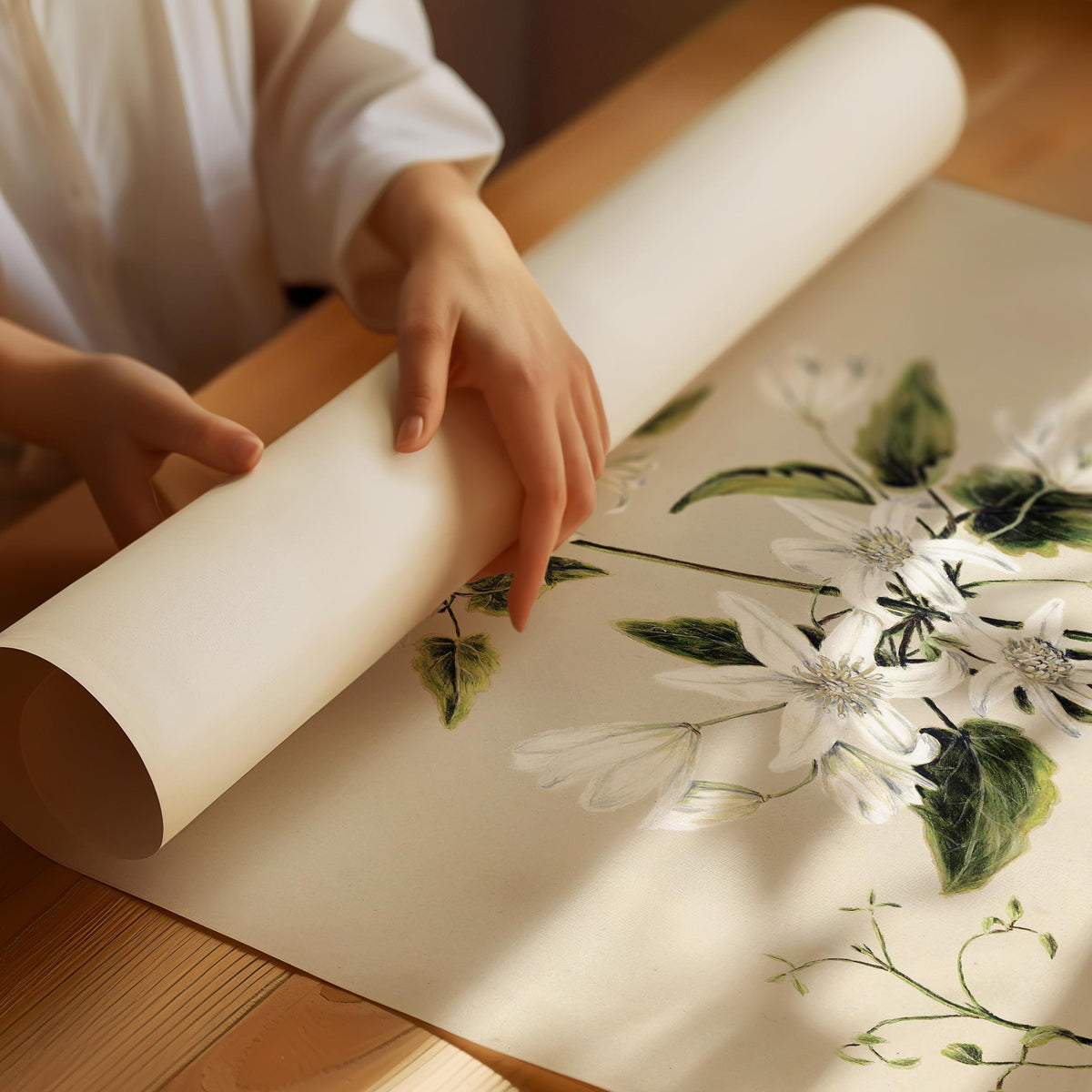 Poster mit botanischer Illustration weißer Clematis – Klassische Wandkunst mit Blüten