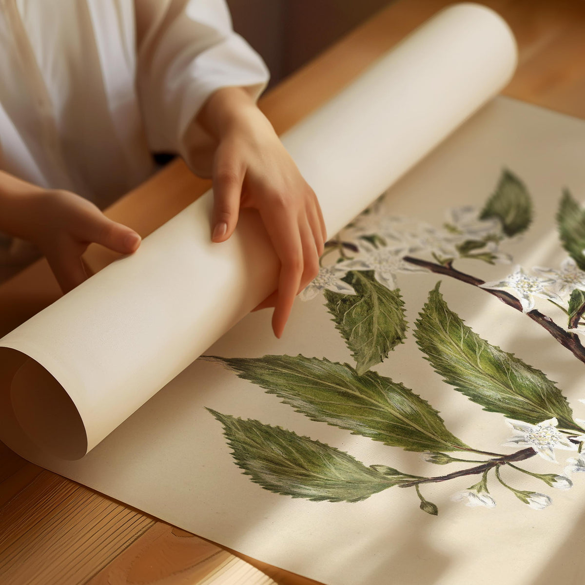 Vintage-Poster mit botanischem Zweig und weißen Blüten