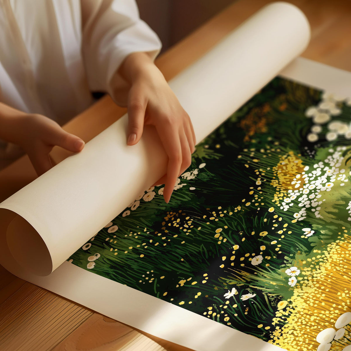 Minimal Japandi poster with textured foliage and abstract composition inspired by Yayoi Kusama
