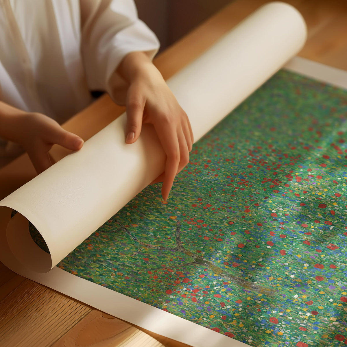 Gustav Klimt blooming poppy poster with colorful flower meadow and green landscape