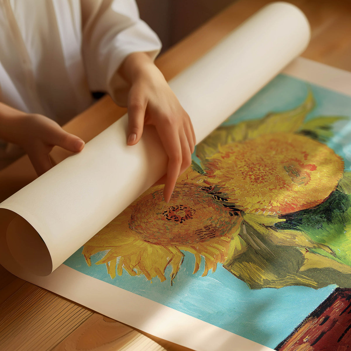 Vase mit drei Sonnenblumen Poster von Vincent van Gogh