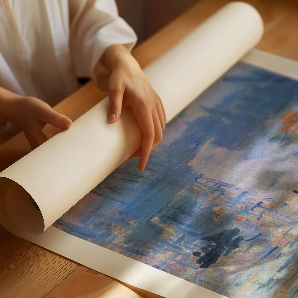 Sunrise over water with glowing light and soft tones by Claude Monet