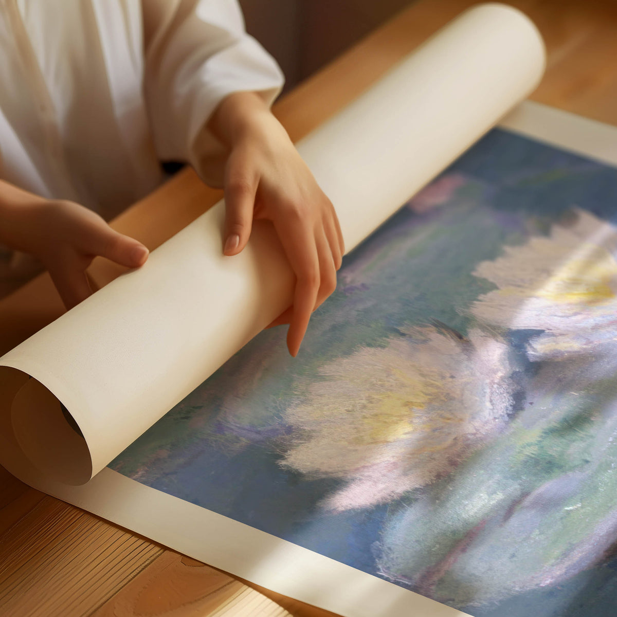 Impressionist water lilies painting with gentle colors by Claude Monet