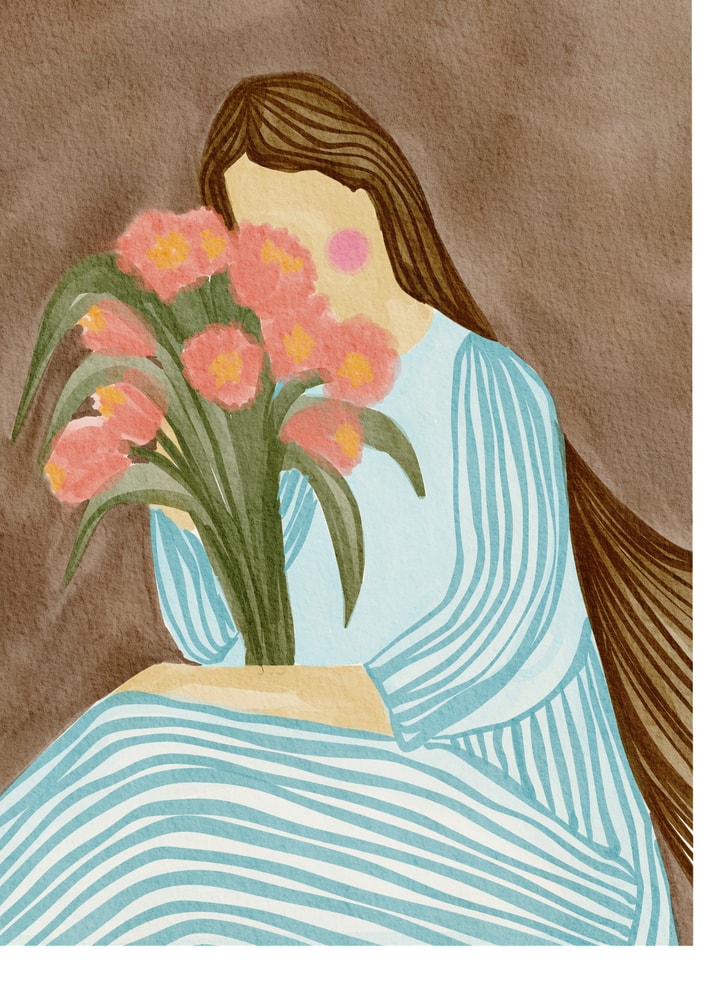 Poster mit einer schüchternen Frau und rosafarbenen Tulpen