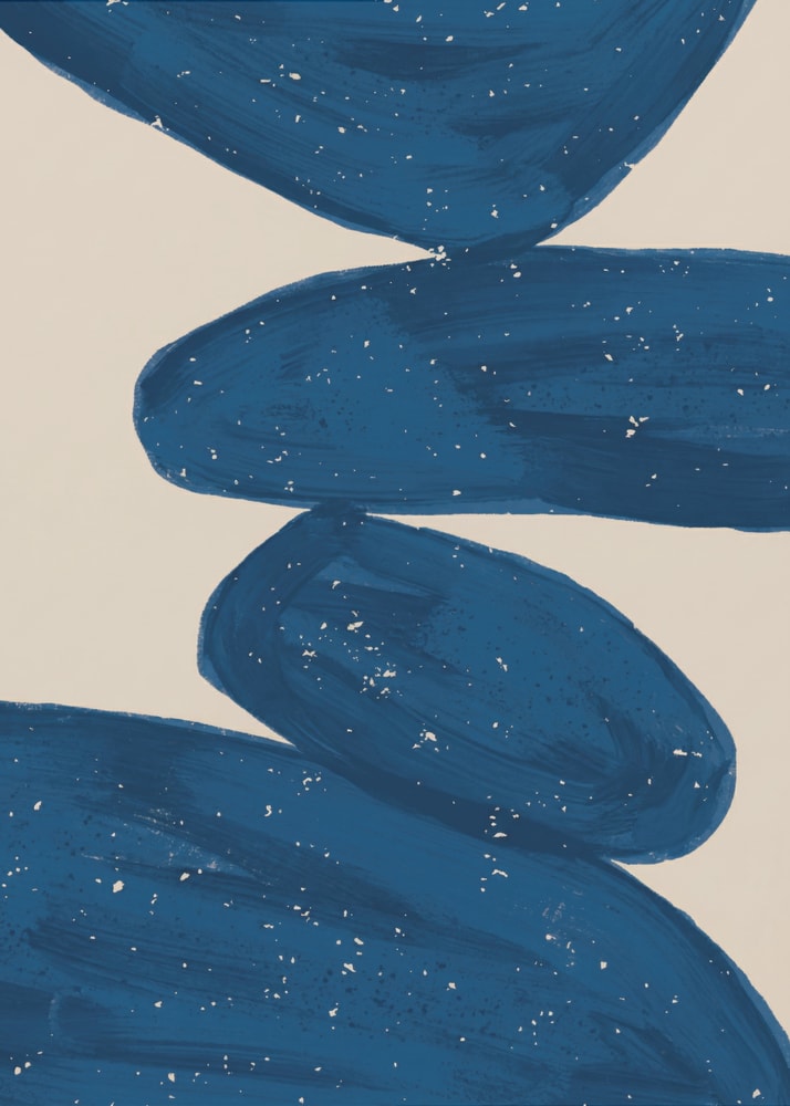 Abstract blue brushstroke shapes poster with a minimalist abstract composition of stacked blue brushstroke shapes on a beige background