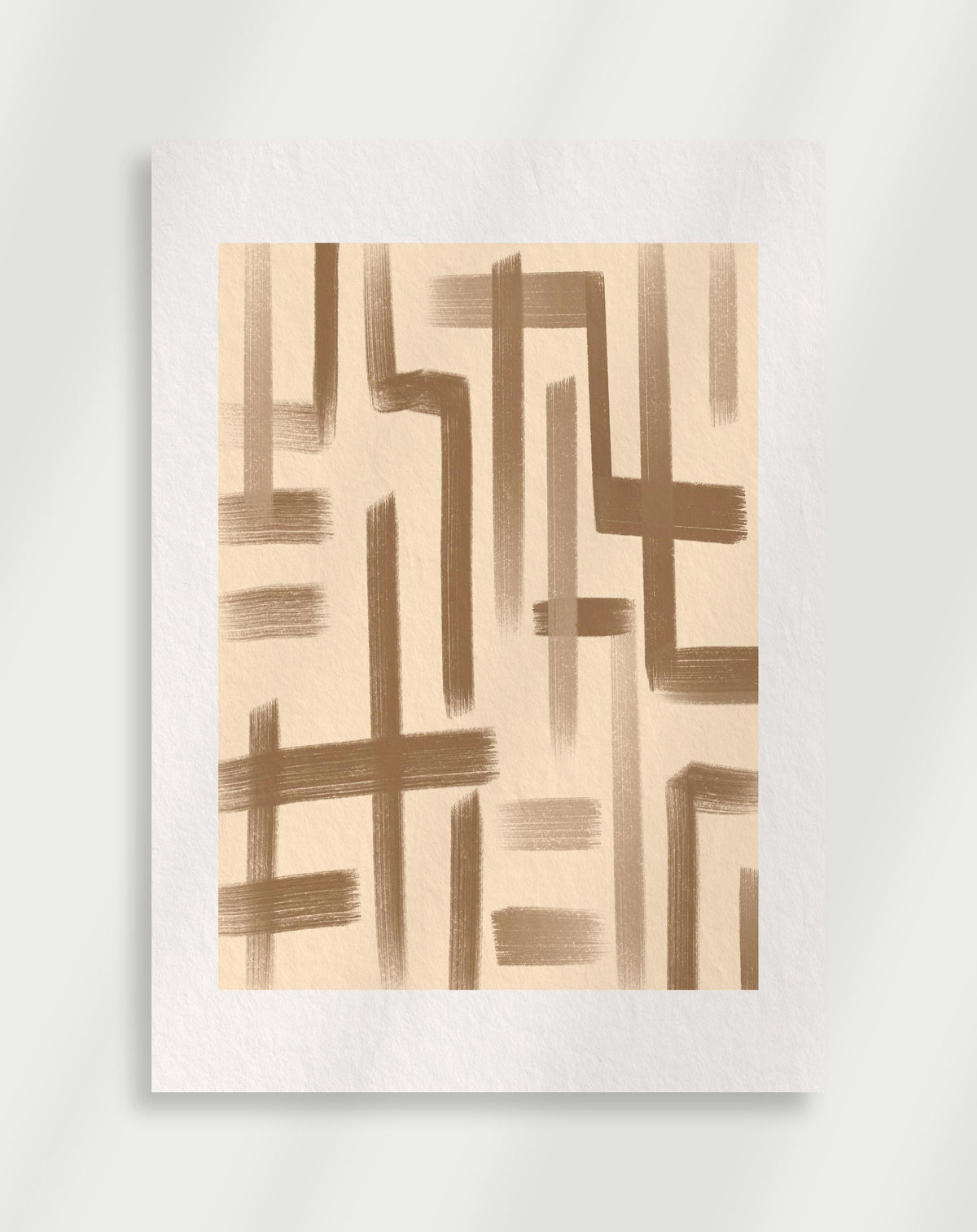 Abstract boho brushstrokes poster with an abstract geometric composition of brown brushstrokes forming lines and rectangles on a beige background