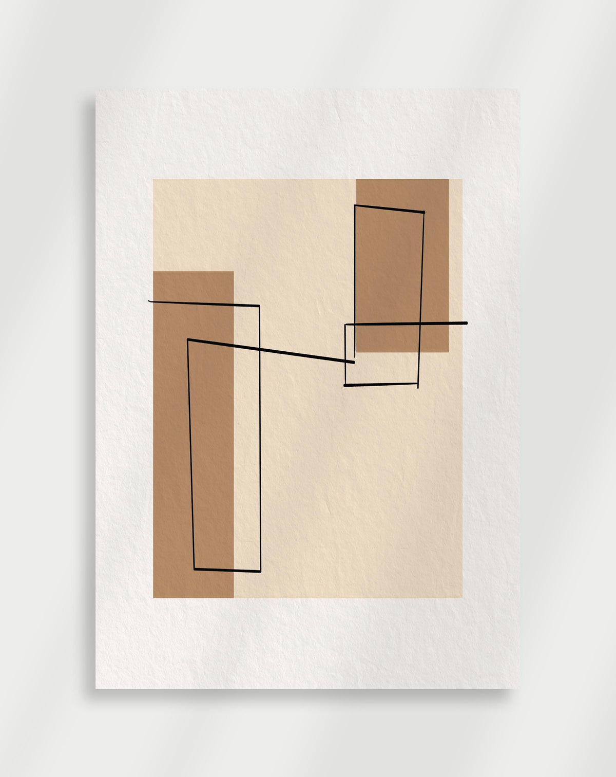 Abstract boho rectangles poster with an abstract geometric composition of brown rectangles and black line rectangles on a beige background