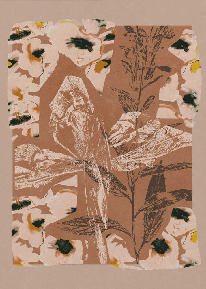 Abstract botanical collage poster with a layered print of flowers, leaves and plants in muted beige and brown tones