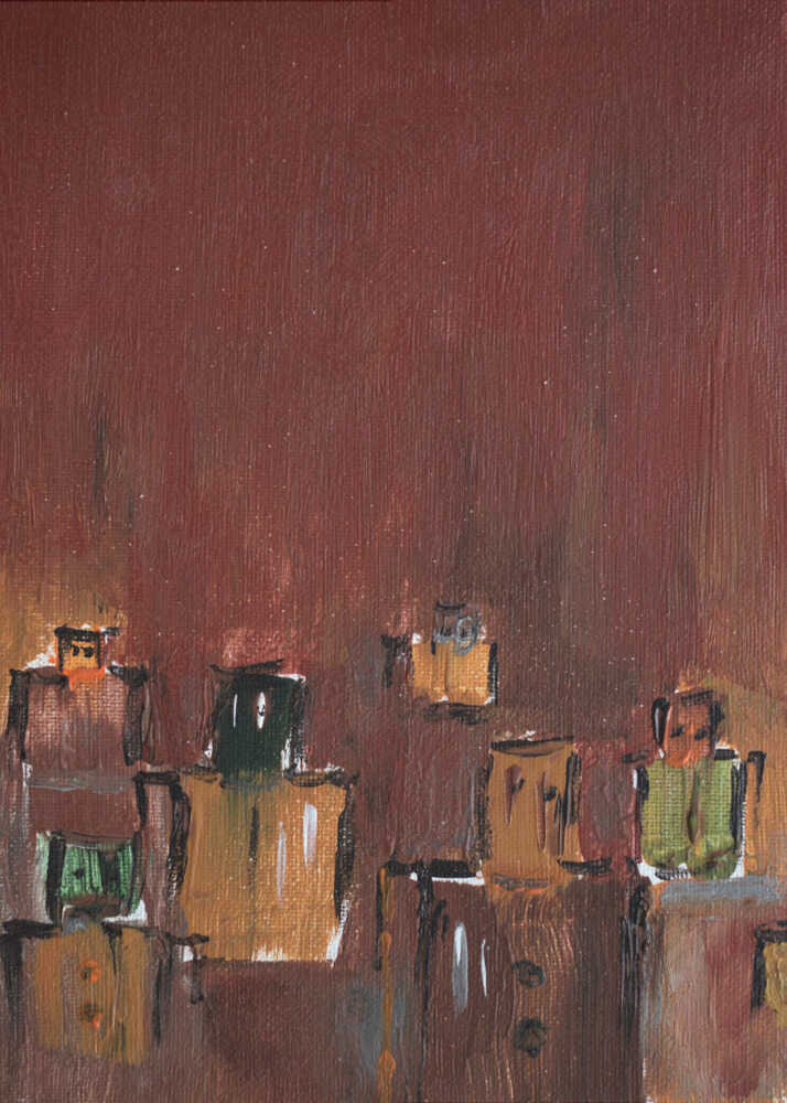 Abstract cityscape poster with a muted painting of buildings in red, brown and yellow tones