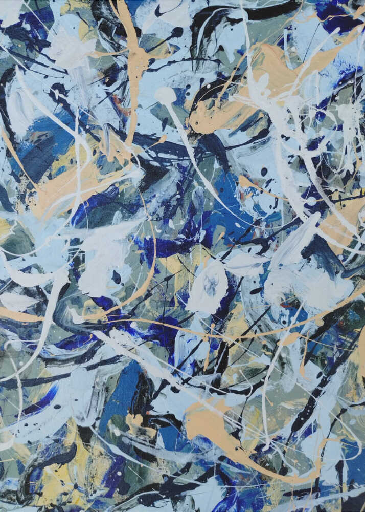Abstract expressionist splatter painting poster with an abstract expressionist painting of energetic splatters and drips in blues and yellows