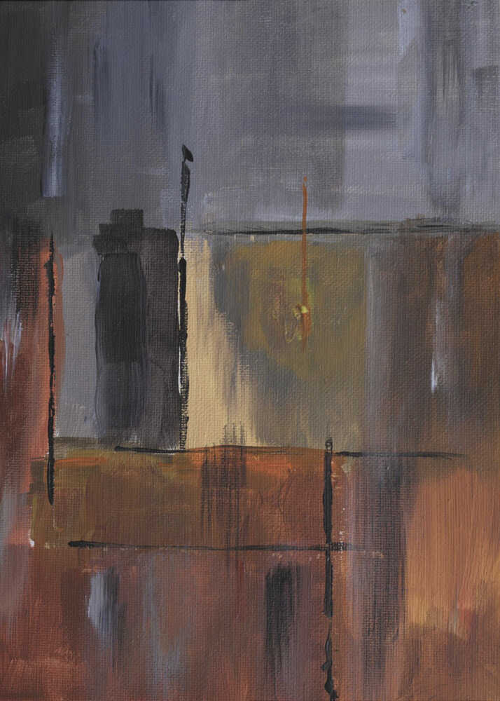 Abstract geometric blocks painting poster with an abstract painting of muted geometric blocks in grays browns and oranges
