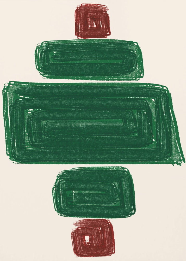 Abstract green rectangles poster with an abstract composition of stacked green brushstroke rectangles and red squares on a cream background