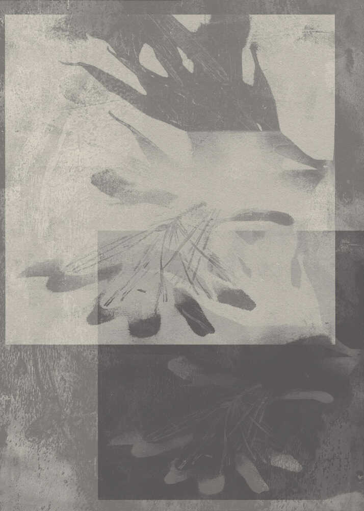 Abstract monochrome leaves poster with an abstract monochrome composition of overlapping squares with palm leaf silhouettes