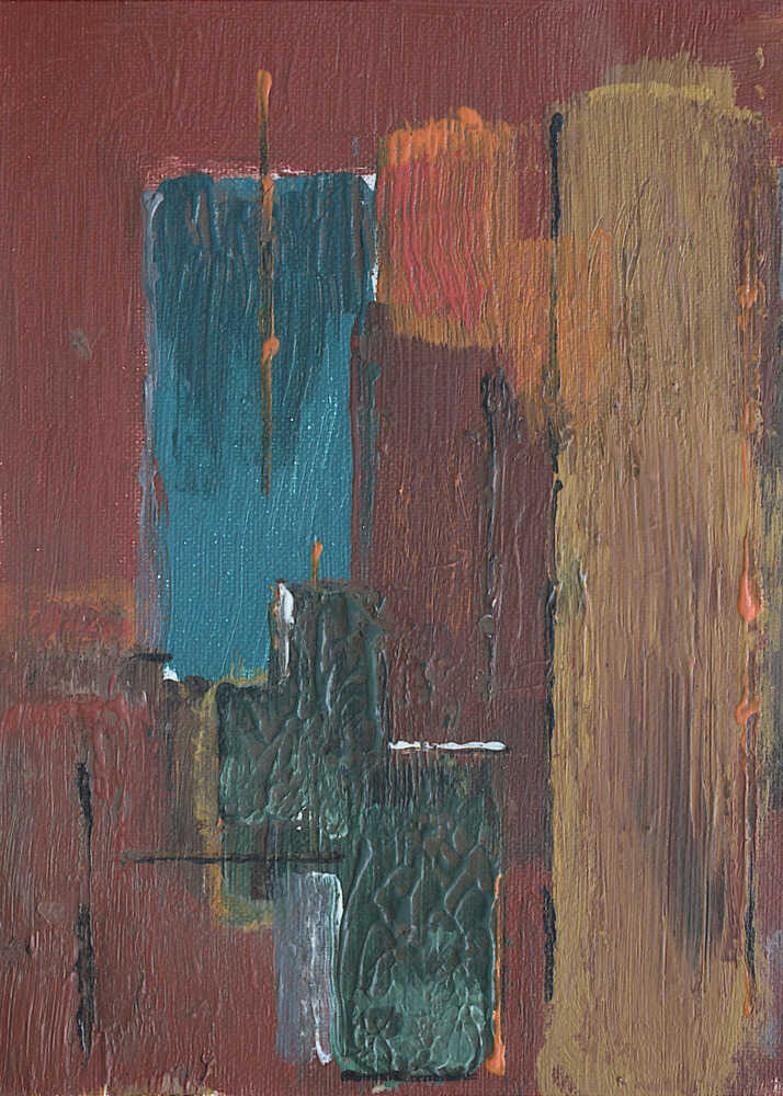 Abstract textured blocks painting poster with an abstract painting of textured blocks and vertical strokes in reds teals and browns