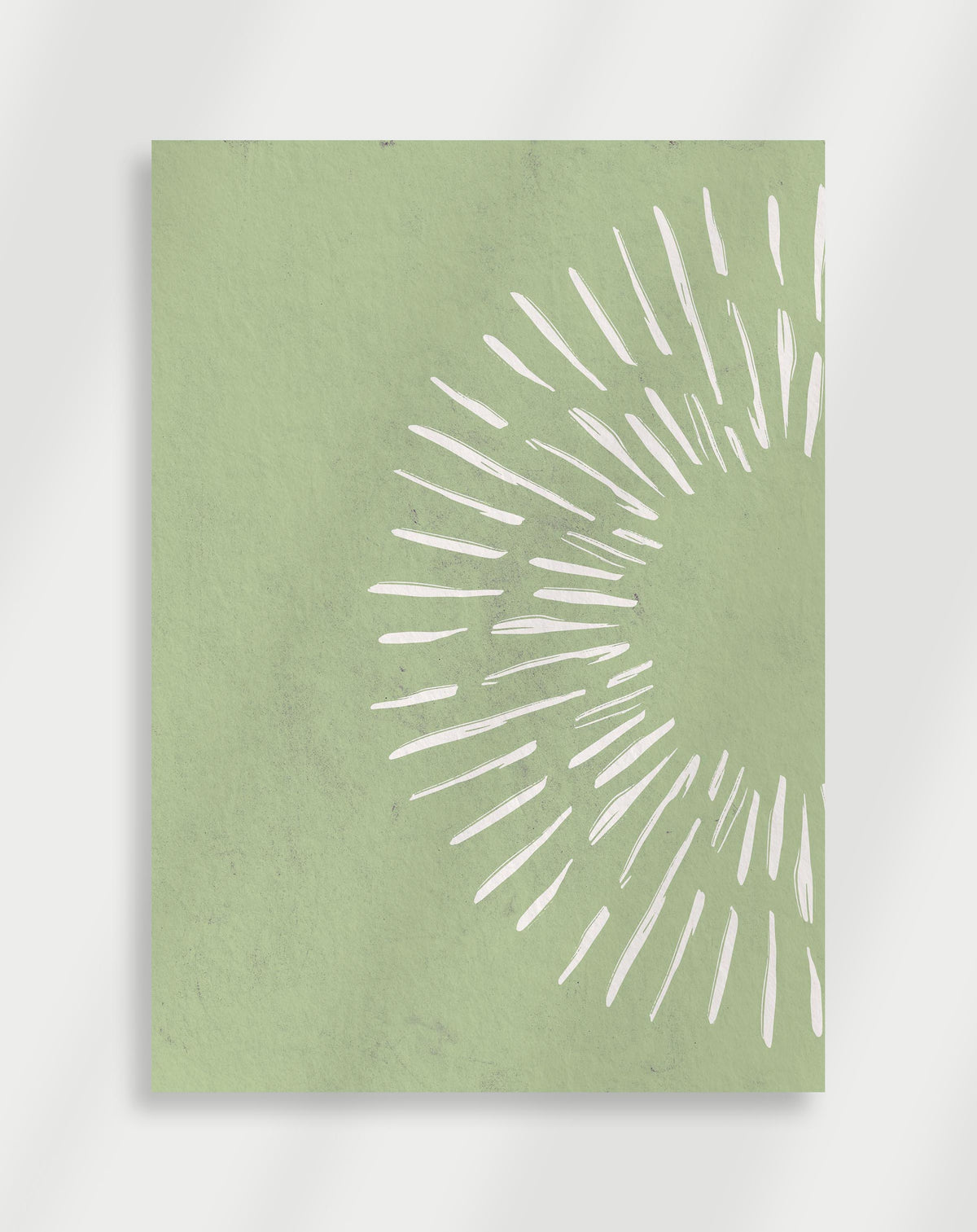 Abstract white brushstrokes green poster with white brushstrokes radiating outward in a semi-circular pattern on a sage green background