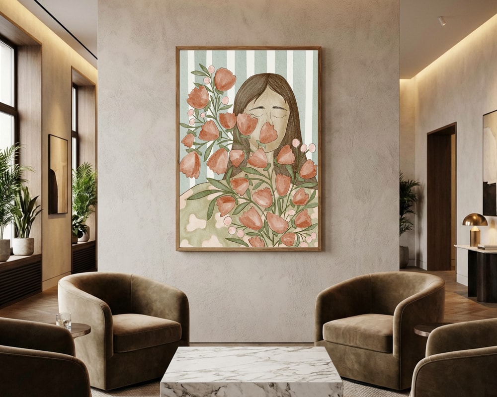 Poster mit einer gelassenen Frau und Blumen