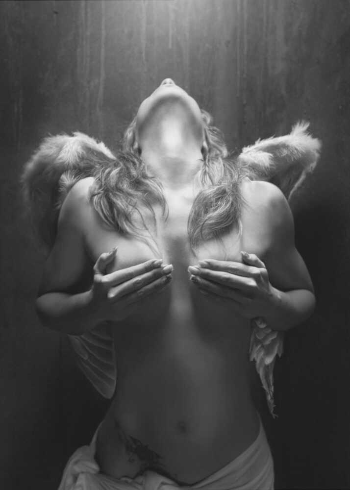 Angel wings portrait poster with a black and white view of a woman with angel wings