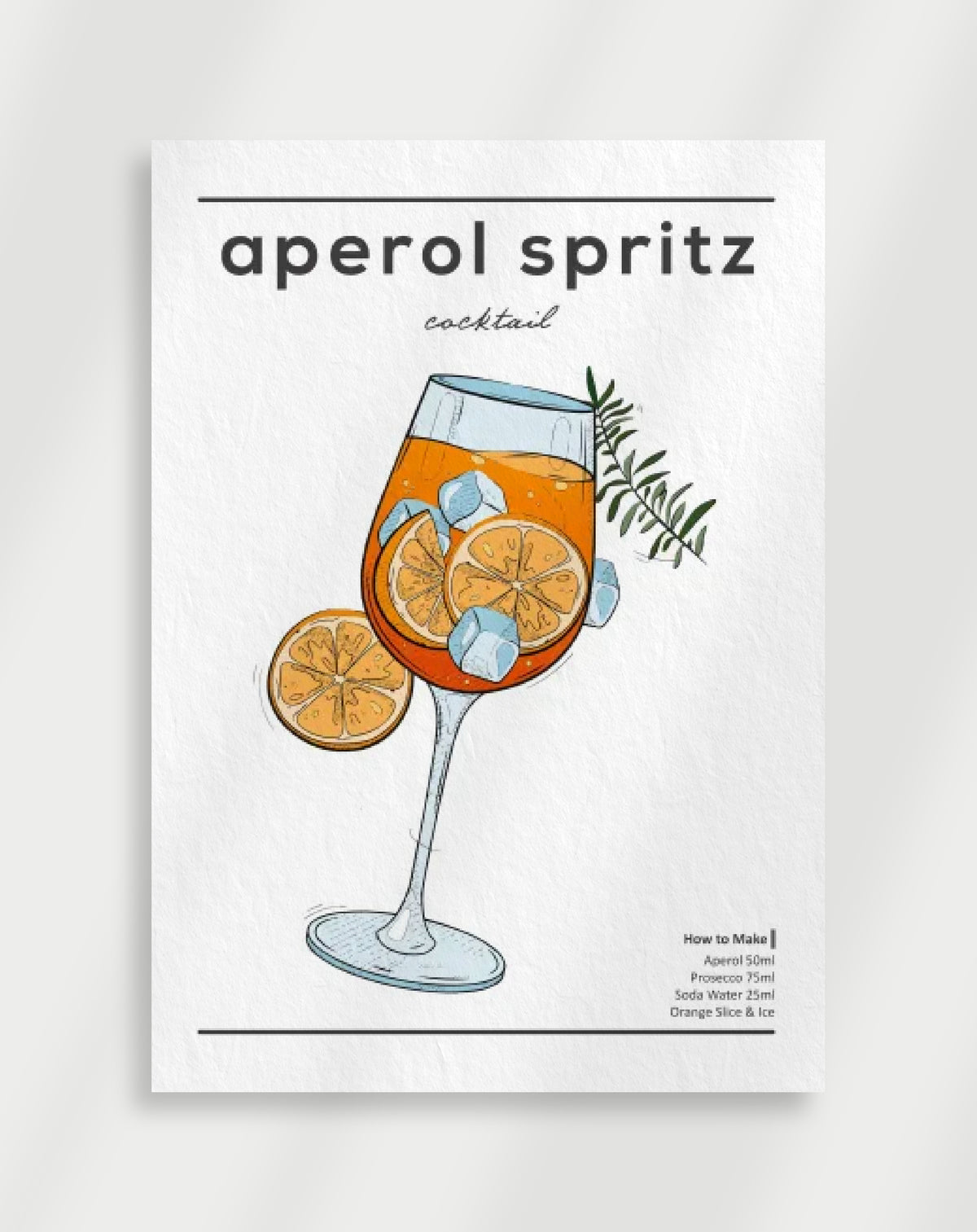 Aperol spritz illustration poster with a line drawing of an aperol spritz in a glass with orange slices and rosemary