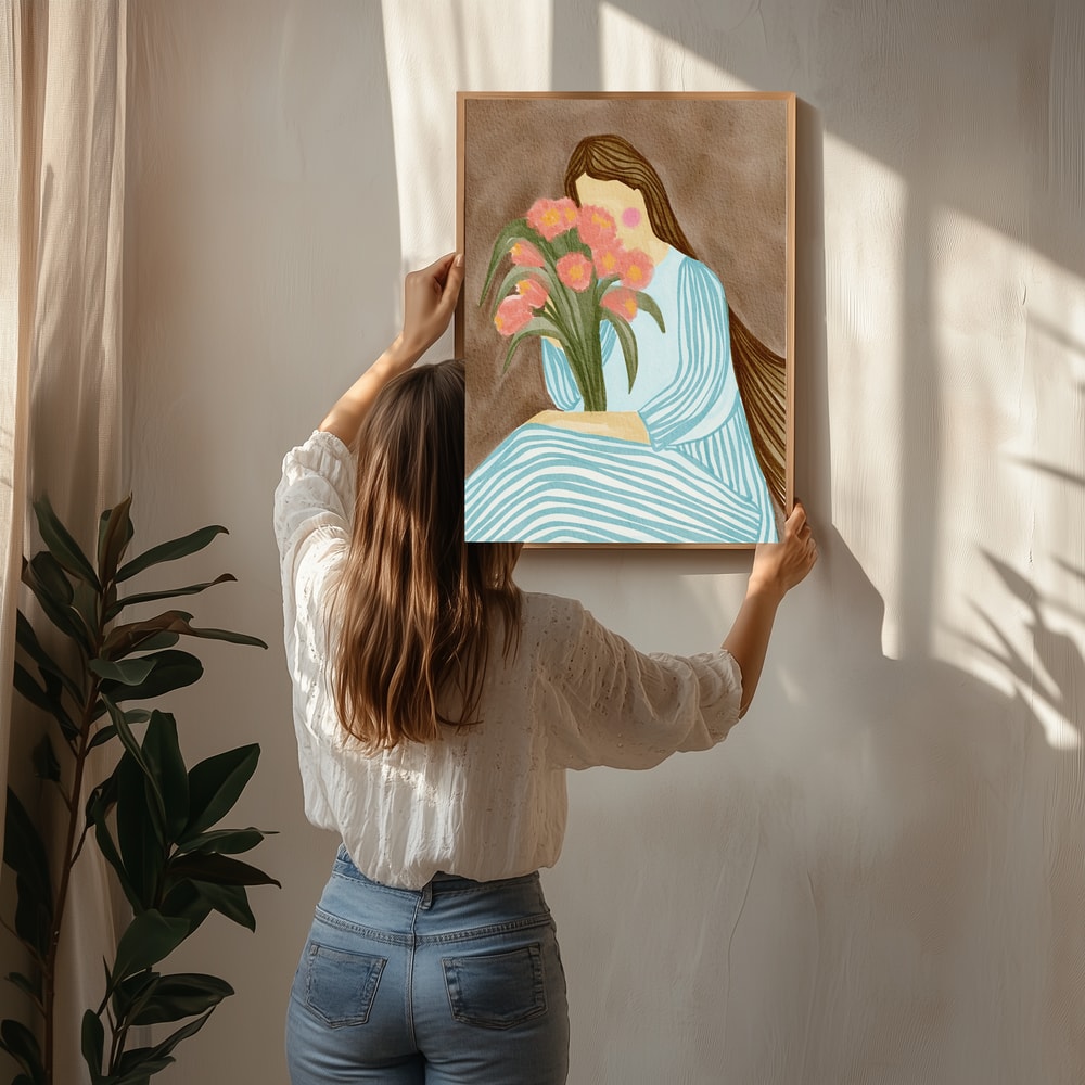 Shy Woman Pink Tulips Poster
