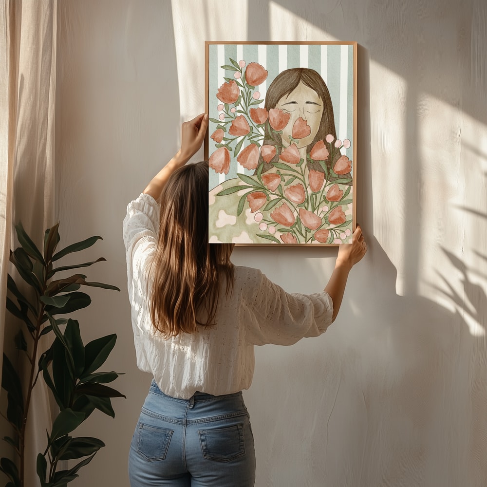 Poster mit einer gelassenen Frau und Blumen