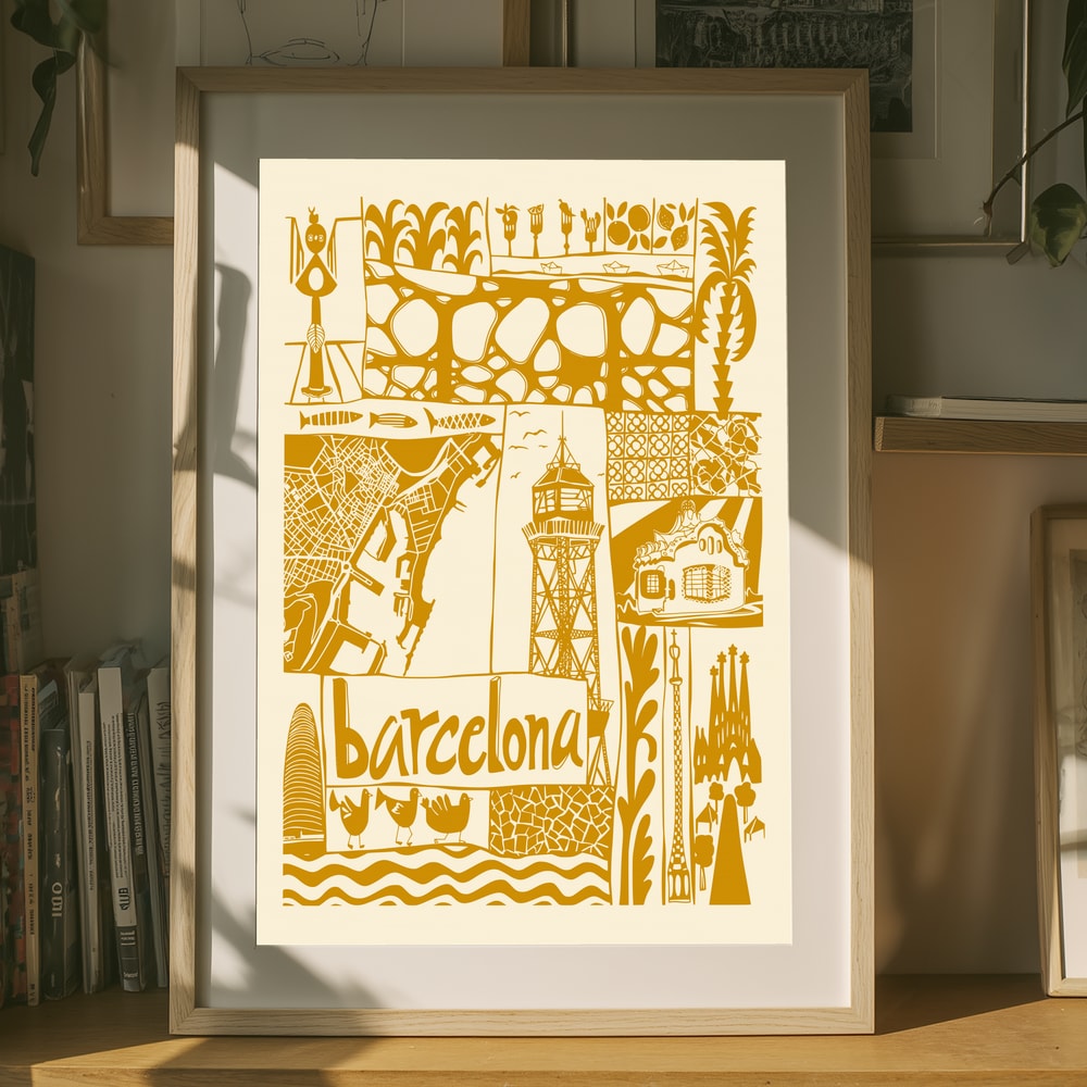 Poster mit illustrierten Sehenswürdigkeiten Barcelonas